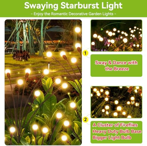 Solar Garden Lights Outdoor Waterproof, 4 Pack 32 LED Swaying Light Firefly Light Outdoor Decor Lights for Garden Gifts for Pathway Party Christmas Decoration, Warm White - Image 2