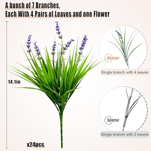 alyptus Artificial Flowers for Outdoors 24 Bundles Fake Monkey Grass Plants Outdoor Plastic Purple Flower Outside Green Leaf Decoration for Patio Pot Décor (24 Bundle Purple Flowers) - Image 3