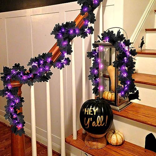Halloween Black Leaf Garland with Purple Lights, 2 Pack - Image 7