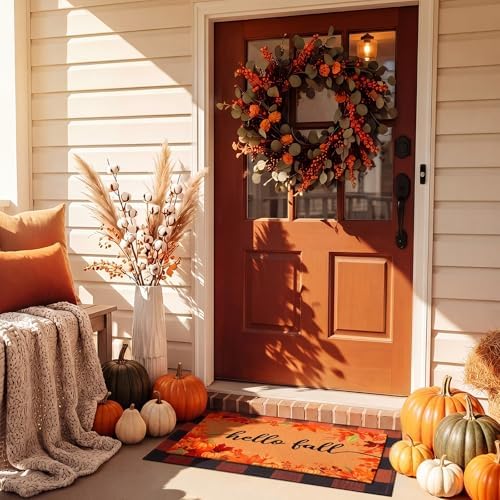 Honoson 2 Pack Fall Doormat, Orange Black Checkered Rug Non Slip Backing - Image 2