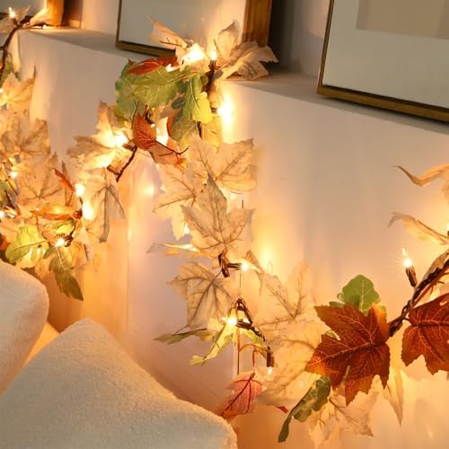 Fall Decorations Lighted Fall Garland, 9FT 50 Count Incandescent Lights Brown Wire UL Certified Connectable Maple Leaves String Lights for Home Fireplace Mantle Thanksgiving Decor by Efunly