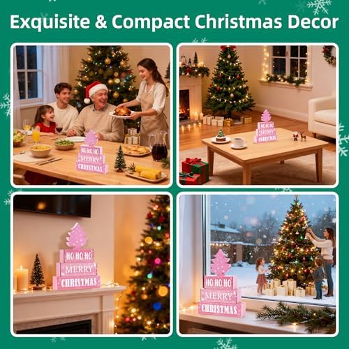 4 Pcs Christmas Wooden Tiered Tray Decor, Pink Merry Christmas Tree Decorations Gifts for Home, Winter Table Centerpiece for Xmas Party Kitchen Office - Image 6