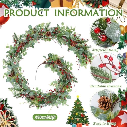 6.5 Ft Christmas Eucalyptus Garland Artificial Greenery Cedar Cypress Vine Garland Realistic Red Berries Pinecones Garlands for Christmas Holiday Mantle Fireplace Winter Farmhouse Home Decoration - Image 3