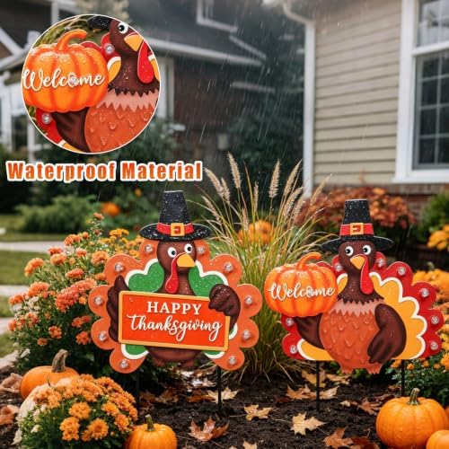 MUMTOP Thanksgiving Turkey Metal Garden Deocr Stake with LED Light Set of 2 - Image 5