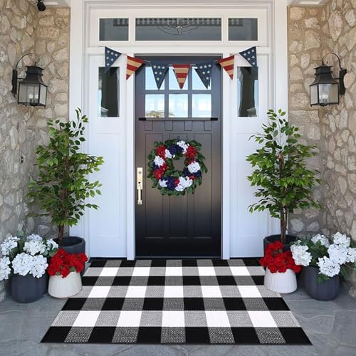 CAINANEL Buffalo Plaid Outdoor Rug Front Door Mat 27.5'' x 43'' Black and White Front Porch Rug Welcome Doormats for Farmhouse Entrance Porch Outdoors Decor - Image 5