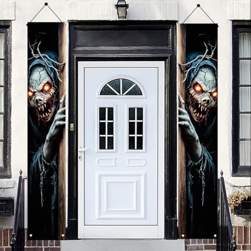 2PCS Halloween Porch Banner Scary Skeleton Demon Vertical Hanging Decorations for Front Door Outdoor Horror Welcome Door Sign Spooky Party Decor Haunted House Entrance Backdrop 71 x 12 Inch - Image 4