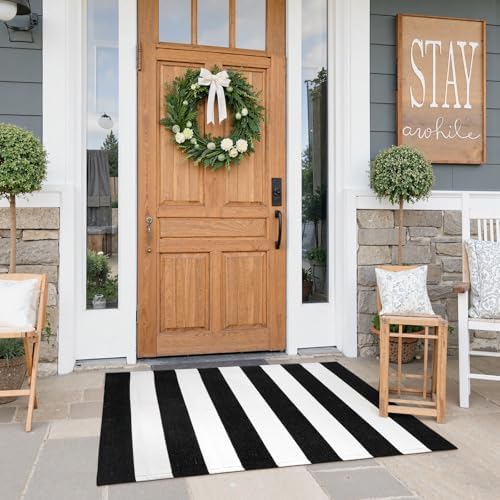 KIMODE Black and White Outdoor Rug Fall Front Door Mats Layered Porch Rug - Image 5