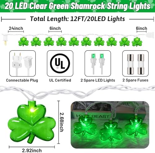 20LED St Patrick's Day Decorations Lights, 12Ft Clear Green Shamrock String Lights Outdoor Waterproof with 20 LED Lucky Clover Lights, UL Certified for Home Window Fence St. Patrick's Day Party Decor - Image 2