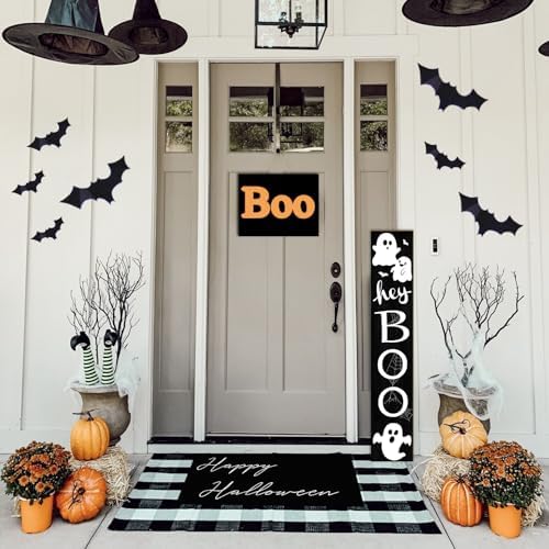 Halloween Porch Sign with Cute Ghost and Bats Design Door Hanging Decor Wooden Vertical Indoor Outdoor Standing Hey Boo Welcome Signs For Garden Home Yard Farmhouse Porch 47.2 x 7.8 Inch - Image 6