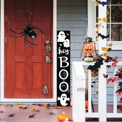 Halloween Porch Sign with Cute Ghost and Bats Design Door Hanging Decor Wooden Vertical Indoor Outdoor Standing Hey Boo Welcome Signs For Garden Home Yard Farmhouse Porch 47.2 x 7.8 Inch - Image 7