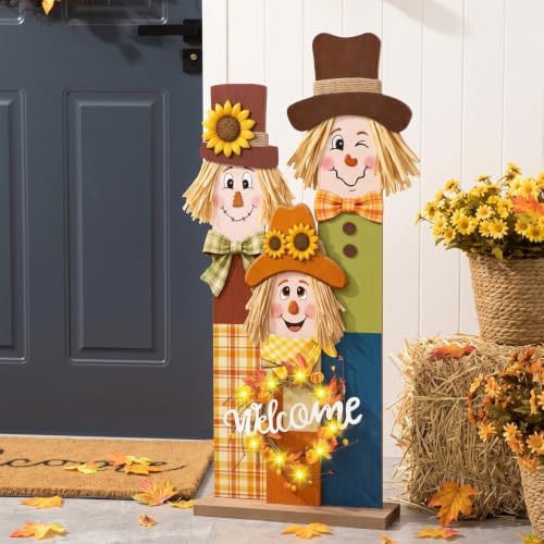 3 PCS Fall Scarecrow Welcome Sign with LED Lights,36" Wooden Thanksgiving Porch Vertical Sign,Rustic Autumn Outdoor Decor for Front Door,Patio,Garden by CPCDACSK