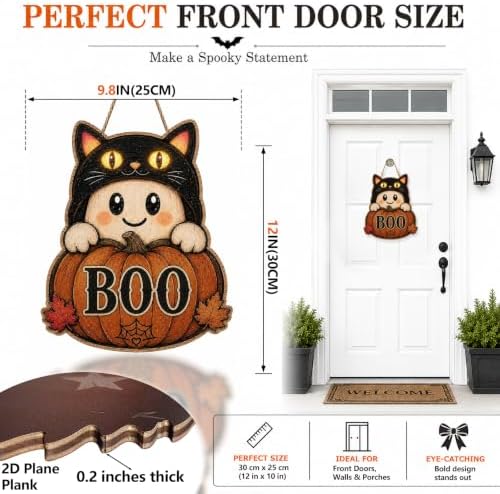 Halloween Door Sign Cute Ghost Wear a Black Cat Hat Pumpkin BOO Decor - Image 2