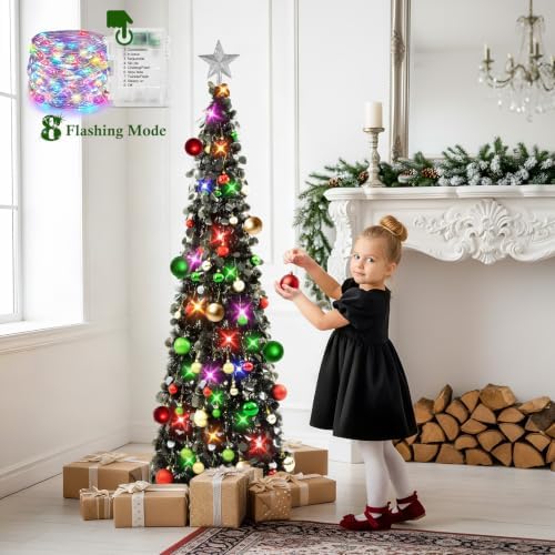 N&T NIETING Pop Up Black Tinsel Christmas Tree, 5Ft Collapsible with Lights & 30 Balls, Skinny Christmas Tree Decor for Holiday Xmas Home Office - Image 6