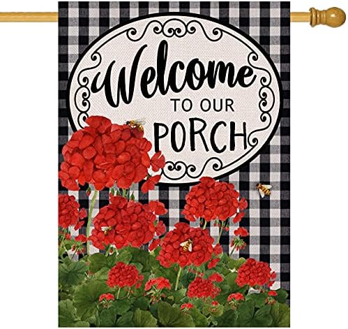 Home Decorative Welcome to Our Porch Geranium Spring Summer House by Covido