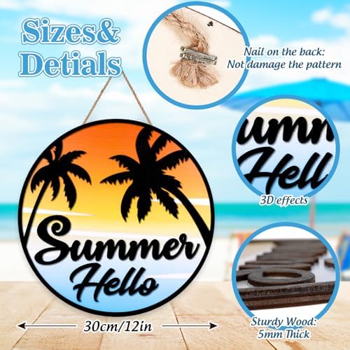JarThenaAMCS Hello Summer Welcome Door Sign 3D Hawaiian Coconut Tree Seaside Sunset Front Door Hanger for Summer Pool Farmhouse Home Porch Window Decor - Image 2
