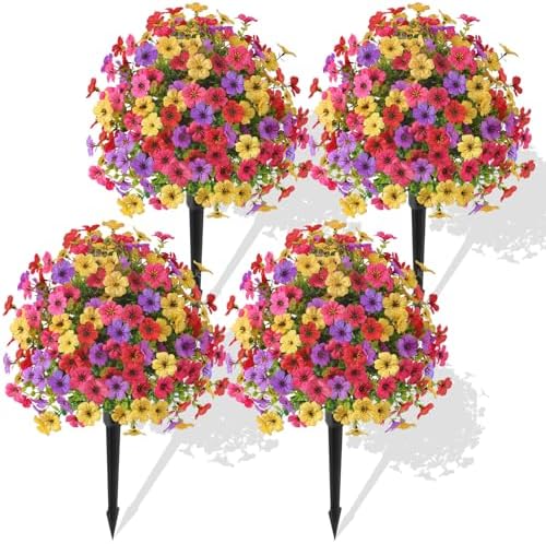 Alupssuc 4Pcs 20" Artificial Topiary Ball Flowers, Spring Outdoor Decoration with Spike, UV Resistant Faux Summer Plants, Fake Bushes Plants, Red Rose, Purple & Yellow for Garden, Porch & Patio Decor by Alupssuc
