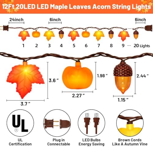 8.5Ft 10 LED Fall String Lights Plug in LED Autumn Lights String with Orange Yellow Maple Leaf Pumpkin and Acorn, Ideal for Home Mantel Courtyard Party Fall Harvest Decor & Thanksgiving Decorations - Image 4