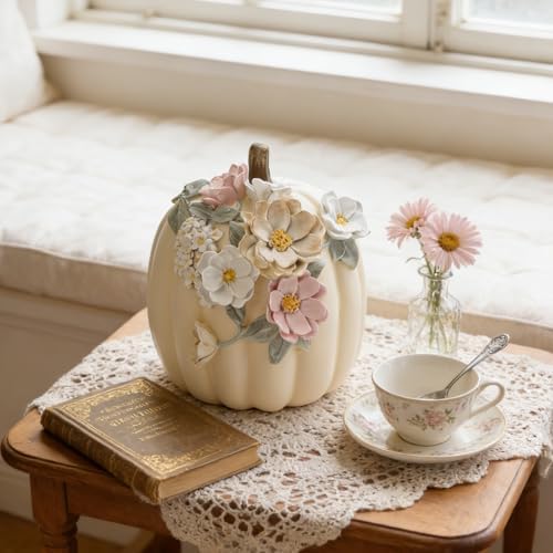 DiliComing Fall Pumpkin Décor Halloween Decorations - 9 Inch Creamy White Resin Pumpkins for Decorating Handmade Floral Carvings for Mantel Tabletop Shelf Indoor Outdoor Autumn Thanksgiving Gifts - Image 2