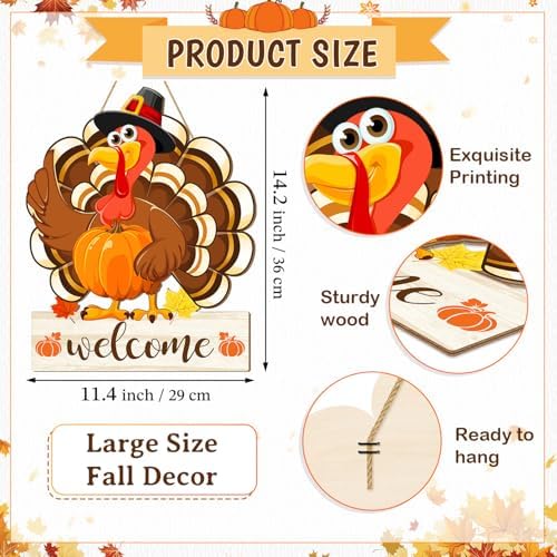 Thanksgiving Turkey Door Sign Decorations, Fall Welcome Wooden Hanging Sign, Give Thanks Wood Vintage Pumpkin Rustic Autumn Harvest Wall Plaque Wreath Hanger Decor for Home Yard Porch - Image 2