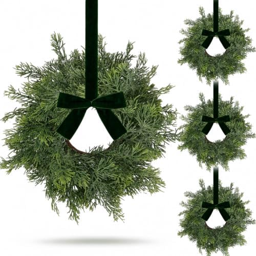 4 PCS Mini Real Touch Christmas Wreaths for Kitchen Cabinets Artificial Norfolk Lifelike Cedar Wreaths with Bow for Christmas Window Door Fireplace Chairs Wall Staircase Indoor Outdoor Home Decor by Unknown