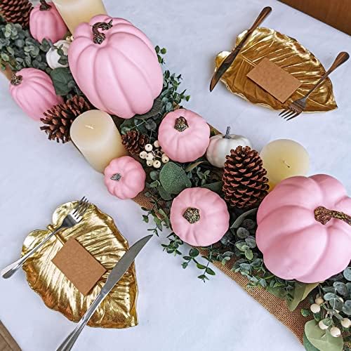 Winlyn 7 Pcs Assorted Sizes Fall Artificial Pink Pumpkins Harvest Faux Foam Pumpkins for Fall Autumn Season Halloween Thanksgiving Harvest Holiday Season Festive Tabletop Decoration - Image 7