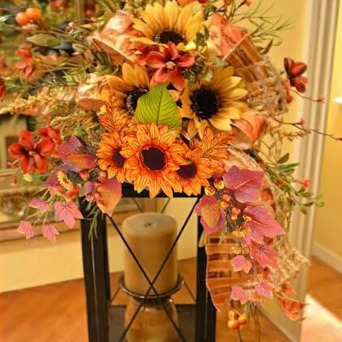 Fall Swag Artificial Flowers for Autumn Decoration Orange Artificial Sunflowers Maple Leaf Hanging Floral Swag Wedding Arch Garland Wreath for Front Door Wall Decor Halloween Thanksgiving - Image 7