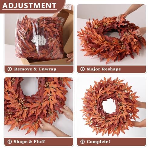 26" Artificial Fall Maple Leaves Wreath for Front Door Decoration (Orange) - Image 6