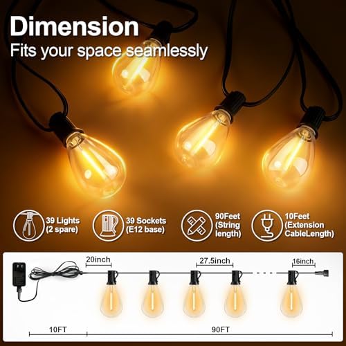 100(90+10)FT Outdoor String Lights, 30m Waterproof Remote LED Patio Lights with 39+2 S11 Bulbs, Dimmable Outside Hanging Lights for House, Porch,Yard,Garden,Connectable Plug-in Gazebo Lighting - Image 2