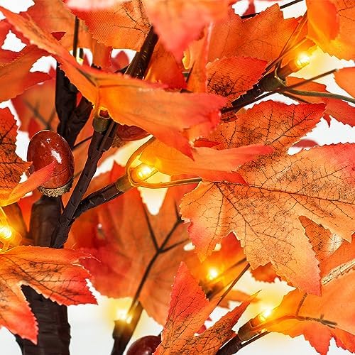 18 Inch Lighted Maple Tree with 36 Lights, 72 Leaves, 6 Acorn, Timer Battery Operated Tabletop Artificial Fall Tree for Thanksgiving Harvest Home Decor, Fall Table Decorations - Image 4