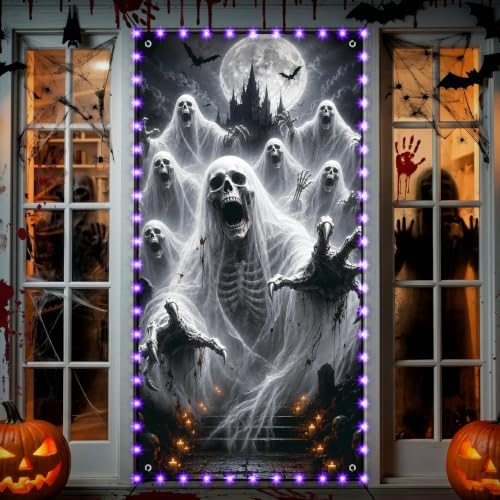 Halloween Door Decorations with Lights, 71"x35" Scary Door Cover Banner by tineit