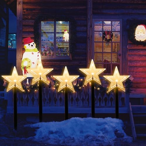 Mycznsyard Christmas Star Pathway Light 5 Pack Christmas Decorative Lights Battery Powered Waterproof LED Night Lights for Outdoor Ground Lawn Landscape Holiday Party Christmas Decor (Warm White) - Image 2