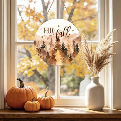 Hello Fall Wreath for Front Door Outside Autumn Thanksgiving Welcome Sign Fall Forest Trees Wood Door Hanger 12x12 Inch Rustic Farmhouse Indoor Outdoor Decor for Home Porch Wall Hanging Plaque - Image 5