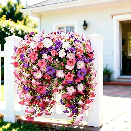 Artificial Hanging Flowers for Outdoors Spring Summer Decoration, 2 PCS Faux Silk Morning Glory Flowers UV Resistant Artificial Hanging Plants Realistic Long Vines for Garden Porch Patio (Pink) - Image 4
