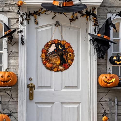 Halloween Harvest Moon Nights Fall Wreath Sign, Black Cat Ghost Wood Decor - Image 5