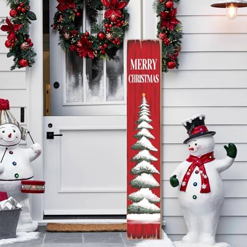 Christmas Porch Sign Christmas Tree Welcome Sign For Front Porch Xmas Snow Red wood grain Home Decor Indoor Outdoor Wooden Vertical Sign For Patio Front Door Porch Wall Yard by Seimip