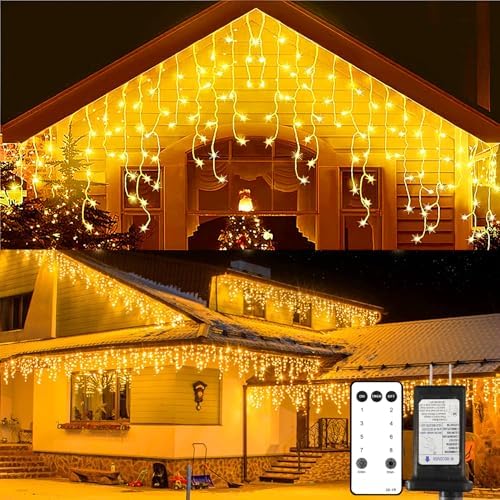Blingstar Icicle Lights Christmas Lights Outdoor 49.2 Ft 440 LED Extendable Dripping Lights 8 Modes Warm White Icecycle String Lights Cascade for Indoor Outside Xmas Holiday House Decor, Clear Wire by Blingstar