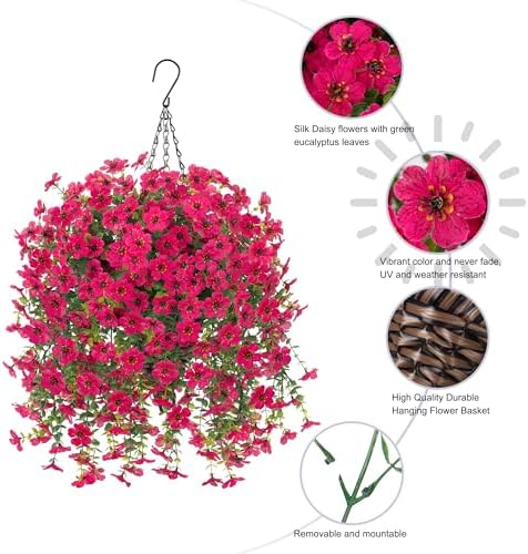 HyeFlora Artificial Hanging Flowers Basket for Outdoor, Fake Flowers Faux Plants Look Real for Yard Gardens Porch Patio Home (Hotpink) - Image 3