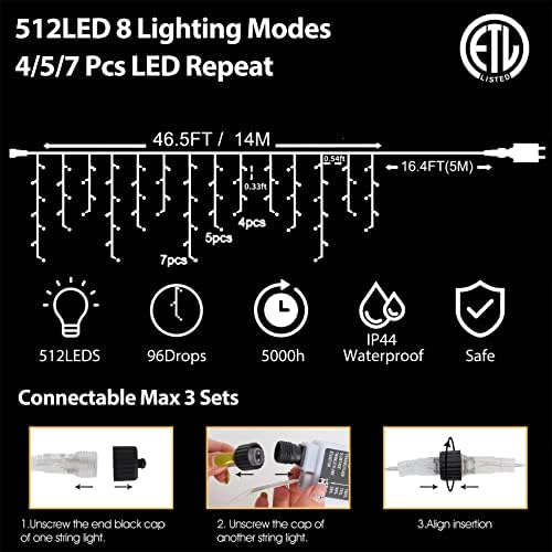 YiYLunneo Halloween Icicle Lights Outdoor, 512 LED 46.5 FT 8 Lighting Modes with Timer & Memory, Curtain Fairy String Lights with 96 Drops for Halloween Decorations Holiday Party Eaves Yard (Purple) - Image 5