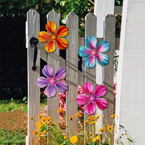 Giyyomtr Metal Flowers Wall Decor - 4pcs Metal Wall Art Hanging Decorations for Outdoor Fence Garden Yard Patio Exterior Wall Decor - Image 2