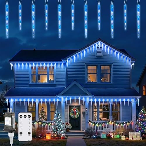 Brightown Icicle Lights for Outside with Remote, 20ft 100 LED 20 Tubes Connectable Ice Shape Hanging Christmas Lights for Tree Patio Roof Holiday Decor, Blue and White by Brightown