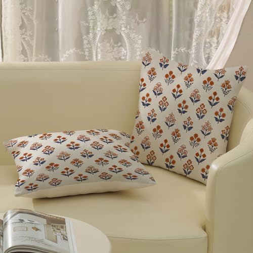 Fall Burnt Orange Blue Pillow Covers 16x16 Inch 2 Pcs Block Print Vintage Floral Decor Throw Pillows Boho Flower Summer Outdoor Seasonal Decoration Pillowcase Linen Cushion Cover for Couch Sofa - Image 4