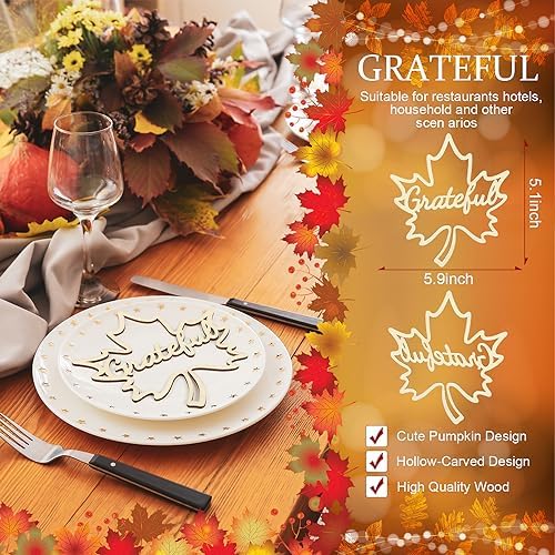 12 Pcs Thanksgiving Maple Leaf Pumpkin Wooden Plate Decor Grateful Wood Cutouts Fall Autumn Thankful Blessed Favour Gather Party Place Card Table Settings Signs for Farmhouse Dining Table Harvest - Image 6