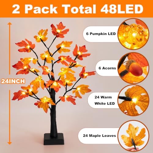 Fall Decor 2 Pack 24 Inch Maple Tree Lights - 48 LED Autumn Decorations with Pumpkins & Acorns, Timer, USB & Battery Powered - Thanksgiving Decorations for Home Table Indoor Fireplace - Image 3