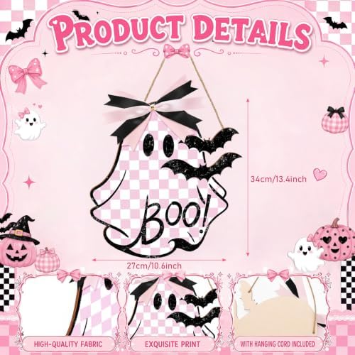Huwena Halloween Door Signs, Pink Ghost Wooden Hanging Sign, 12" Cute Wall Decor, Spooky Ornament Bow Bat, Wall Hanger Decoration for Front Door Porch Indoor Outdoor Halloween Party Gothic Home Decor - Image 2