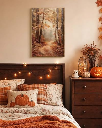 Autumn Forest Framed Canvas Wall Art 16x24 Trees Leaves Trail Artwork, Woodland Path in Fall Colors Landscape Print, Rustic Nature Forest Painting Farmhouse Bedroom Entryway Home Decor - Image 3
