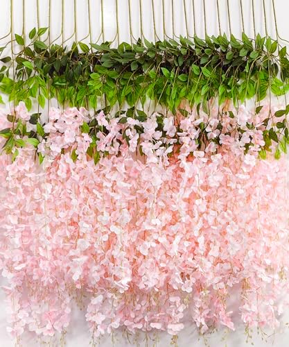48pcs Artificial Wisteria Flowers 3.6 Feet/Piece Pink Dense Artificial Fake Wisteria Vine Ratta Hanging Garland Silk Flowers String Home Party Wedding Decor（Pink-Dense） by HanYun