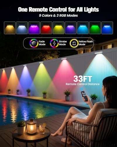 JOFIOS Fence Lights Solar Powered with Remote, 9 Fixed Colors ＆ Color Changing White Fence Lights Waterproof IP65 Dusk-to-Dawn LED Deck Lighting for Patio, Pool, Porch, Backyard, Wall, 12 Pack - Image 2
