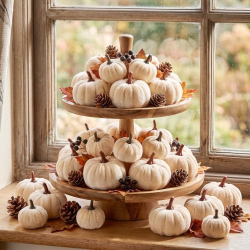Weysat 24 Pcs Beige Velvet Pumpkins Fall Thanksgiving Decor, Assorted Size - Image 4