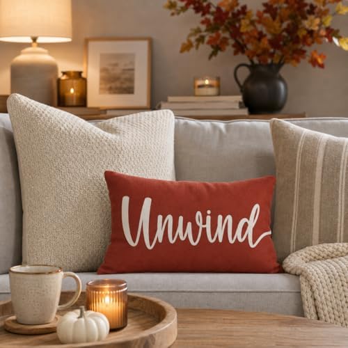 Relax Unwind Lumbar Throw Pillow Covers 12x20 Inch Set of 2, Rust - Image 7