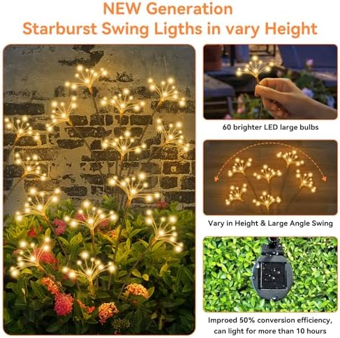 JJGoo Solar Garden Lights, New Upgraded 2 Pack Solar Swaying Starburst Light, Waterproof Fireworks Outdoor Lights, Yard Patio Pathway Decoration, Warm White - Image 3
